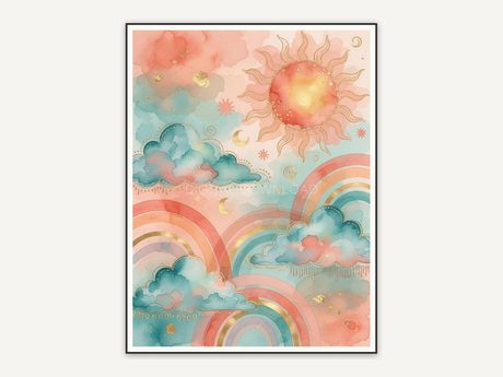 Third boho rainbow cloud print in coral teal and gold