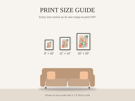 Print size guide showing 8x10, 11x14, and 16x20 framed prints at true scale beside a sofa