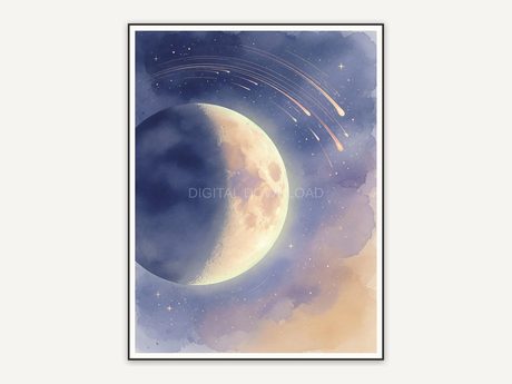 Half moon with star trails in indigo and sand