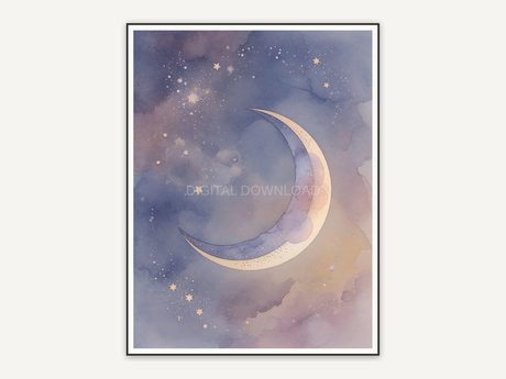 New moon and faint stars in calming watercolor