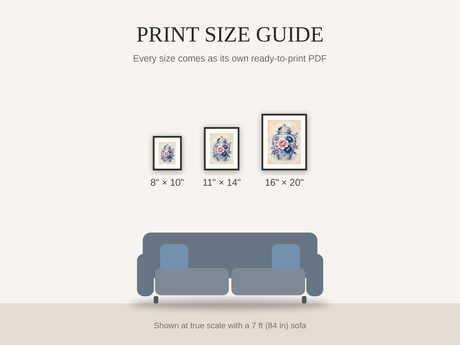 Print size guide showing 8x10, 11x14, and 16x20 framed prints at true scale beside a sofa
