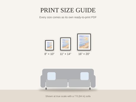 Print size guide showing 8x10, 11x14, and 16x20 framed prints at true scale beside a sofa