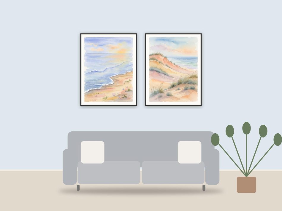coastal vintage prints printable art framed above a sofa in a styled living room