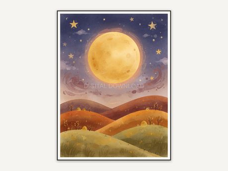 Large golden harvest moon over rolling hills