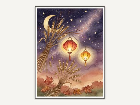 Bundled wheat and lanterns under starry sky