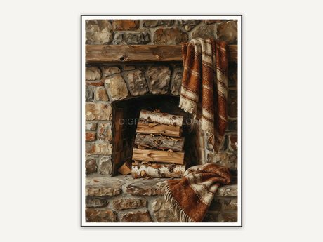 Stone fireplace with logs and blanket