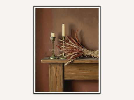 Mantel with candlesticks and wheat