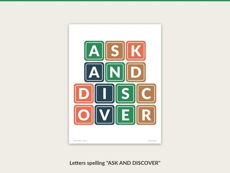 Cut-out letters spelling ASK AND DISCOVER