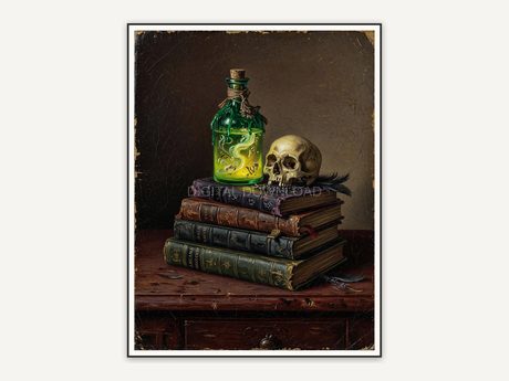 Leather books and glowing potion on antique desk, gothic oil painting