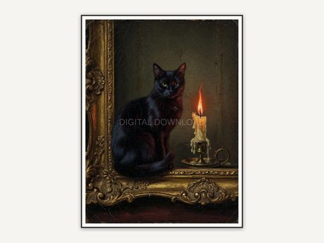Black cat beside ornate frame and candle, vintage oil print
