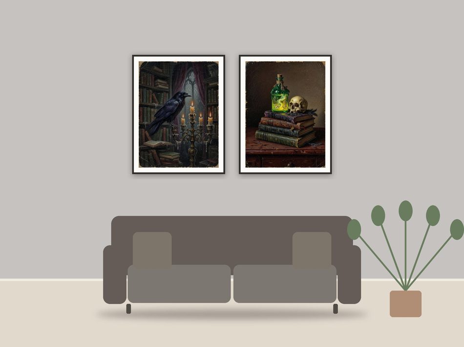 dark academia print printable art framed above a sofa in a styled living room
