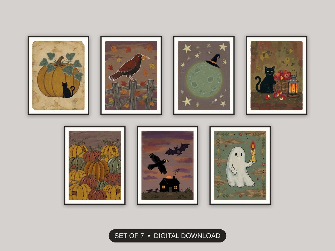 Set of 7 farmhouse halloween printable prints shown as a gallery wall