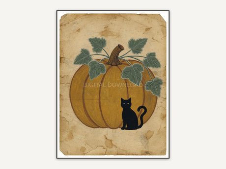 Primitive folk pumpkin and black cat on aged paper