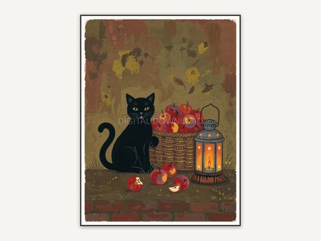 Black cat beside lantern and apples