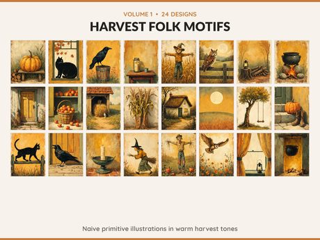 Volume 1 Harvest Folk Motifs: 24 printable Halloween art designs, naive primitive illustrations in warm harvest tones