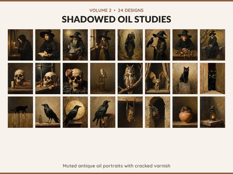 Volume 2 Shadowed Oil Studies: 24 printable Halloween art designs, muted antique oil portraits with cracked varnish