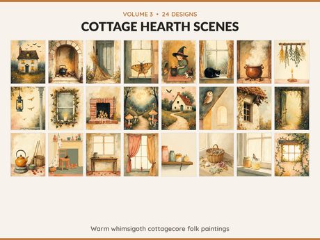 Volume 3 Cottage Hearth Scenes: 24 printable Halloween art designs, warm whimsigoth cottagecore folk paintings