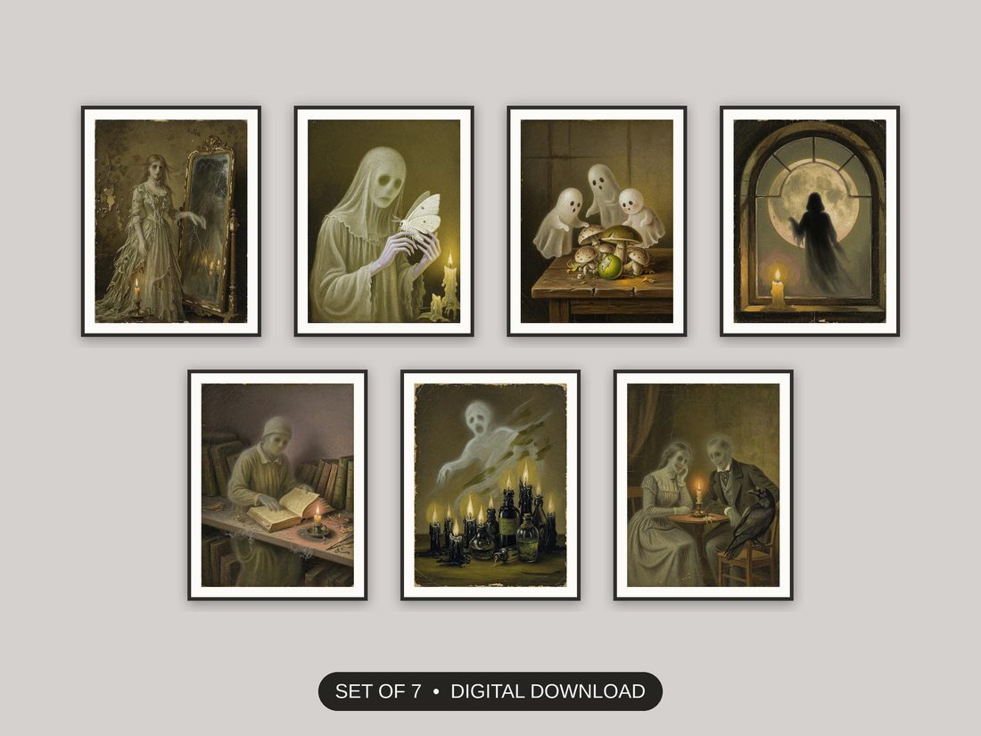 Set of 7 halloween decor and spooky season wall art printable prints shown as a gallery wall