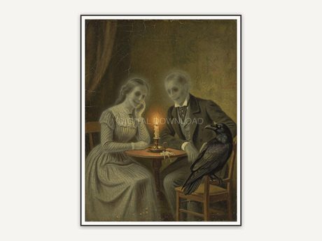 Vintage oil painting of two period-dressed ghosts with a raven at a table