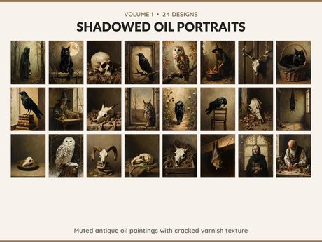 Volume 1 Shadowed Oil Portraits: 24 printable Halloween art designs, muted antique oil paintings with cracked varnish texture