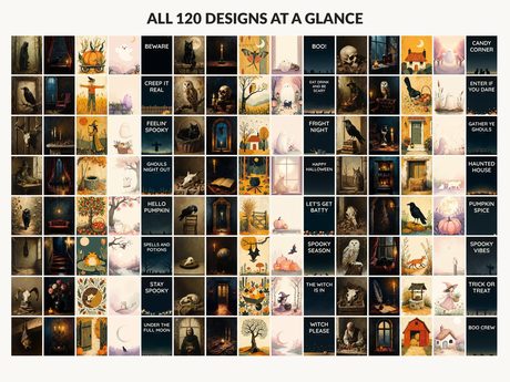 All 120 Halloween printable designs in the bundle shown together on one contact sheet