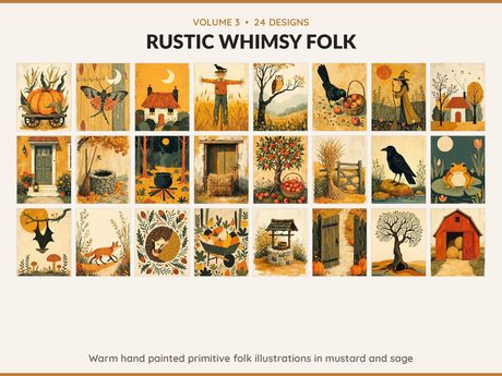 Volume 3 Rustic Whimsy Folk: 24 printable Halloween art designs, warm hand painted primitive folk illustrations in mustard and sage