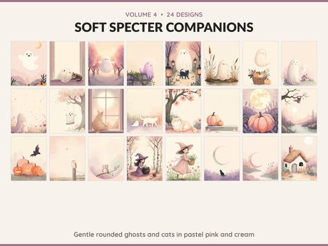 Volume 4 Soft Specter Companions: 24 printable Halloween art designs, gentle rounded ghosts and cats in pastel pink and cream