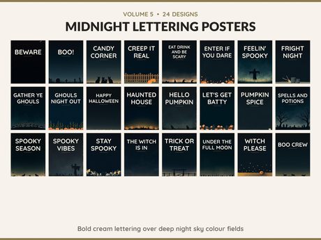 Volume 5 Midnight Lettering Posters: 24 printable Halloween art designs, bold cream lettering over deep night sky colour fields