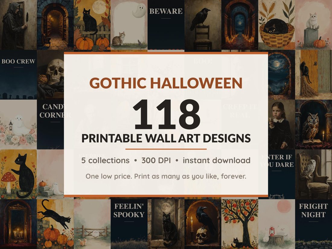 Halloween printable wall art mega bundle with 118 art prints in 5 collections: Shadowed Oil Portraits, Candlelit Arch Studies, Mustard Folk Harvest, Blush Phantom Companions, Midnight Poster Fields