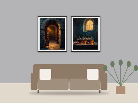 Candlelit Arch Studies printable art framed above a sofa in a styled living room