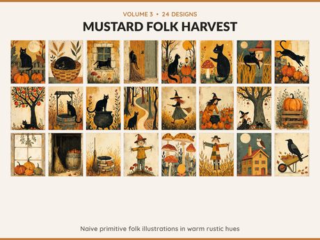 Volume 3 Mustard Folk Harvest: 24 printable Halloween art designs, naive primitive folk illustrations in warm rustic hues