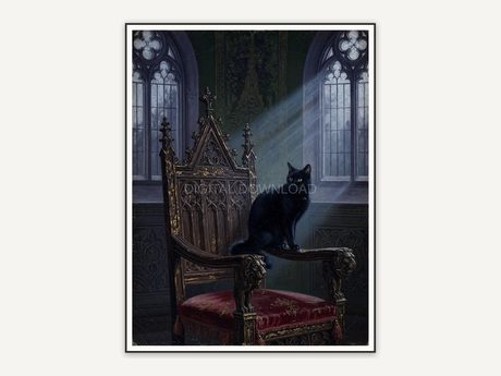 Vintage oil painting of black cat on gothic chair