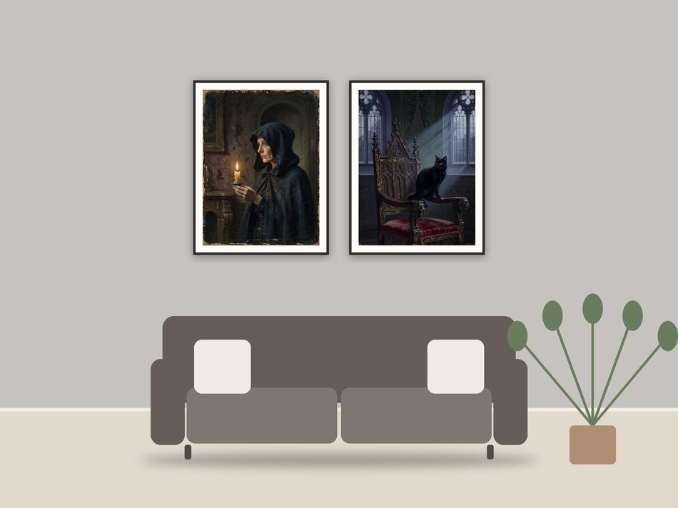 gothic halloween printable art framed above a sofa in a styled living room