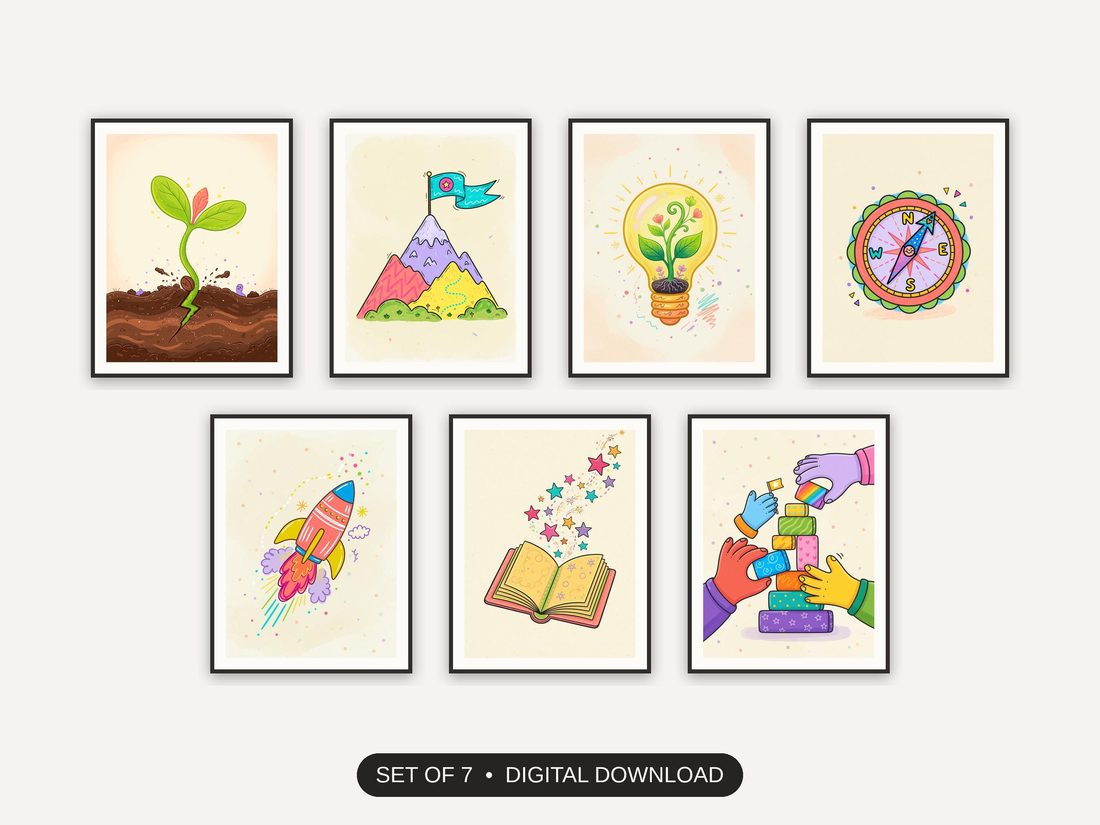 Set of 7 growth mindset illustrations printable prints shown as a gallery wall