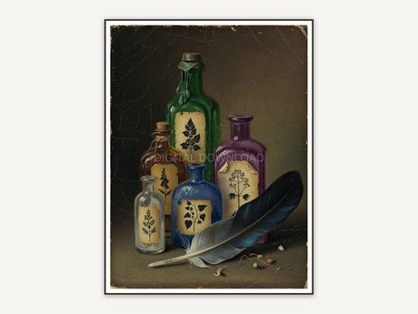 Vintage oil painting of antique potion bottles with raven feather