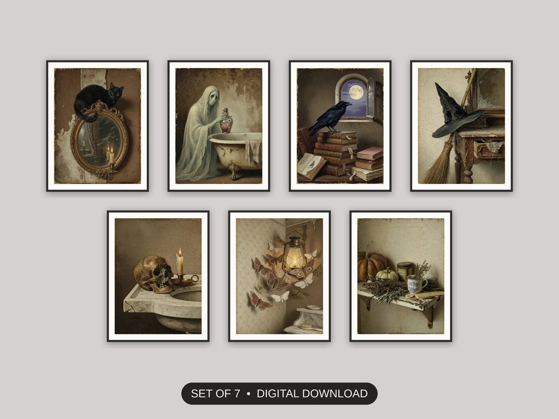 Set of 7 halloween bathroom printable prints shown as a gallery wall