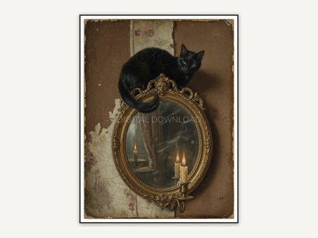 Vintage oil painting of black cat on antique mirror