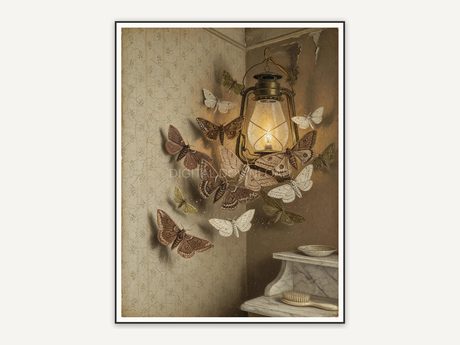 Vintage oil painting of moths around lantern in corner