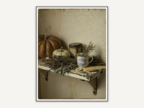 Vintage oil painting of pumpkins and herbs on bathroom shelf