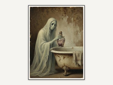 Vintage oil painting of ghost with potion bottle by tub
