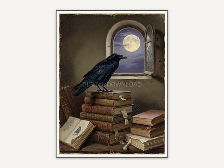 Vintage oil painting of raven with full moon and books