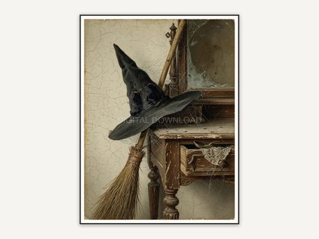 Vintage oil painting of witch hat and broom with spiderwebs