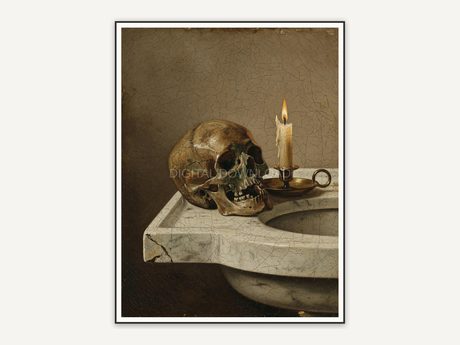 Vintage oil painting of skull and candle on marble sink
