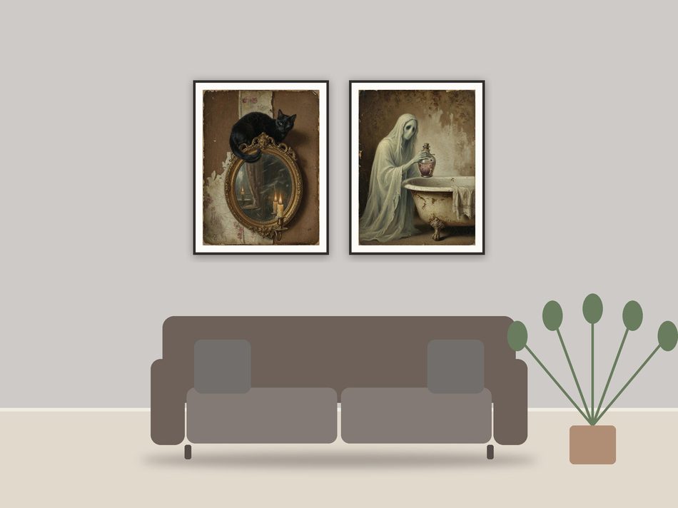 halloween bathroom printable art framed above a sofa in a styled living room