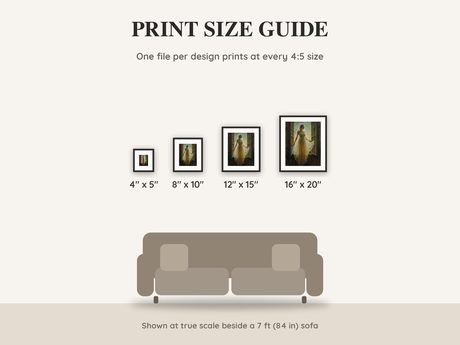 Print size guide showing 4x5, 8x10, 12x15 and 16x20 inch Halloween prints at true scale beside a sofa