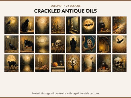Volume 1 Crackled Antique Oils: 24 printable Halloween art designs, muted vintage oil portraits with aged varnish texture