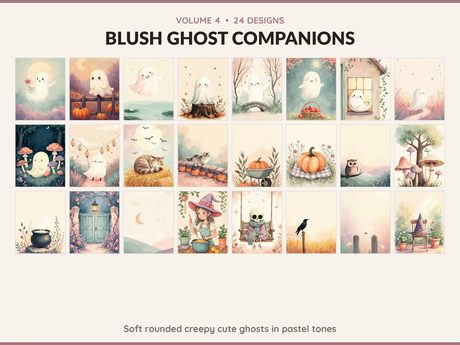 Volume 4 Blush Ghost Companions: 24 printable Halloween art designs, soft rounded creepy cute ghosts in pastel tones
