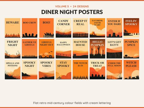 Volume 5 Diner Night Posters: 24 printable Halloween art designs, flat retro mid-century colour fields with cream lettering