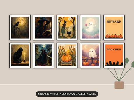 Ten Halloween prints from the bundle framed together as a gallery wall above a console table