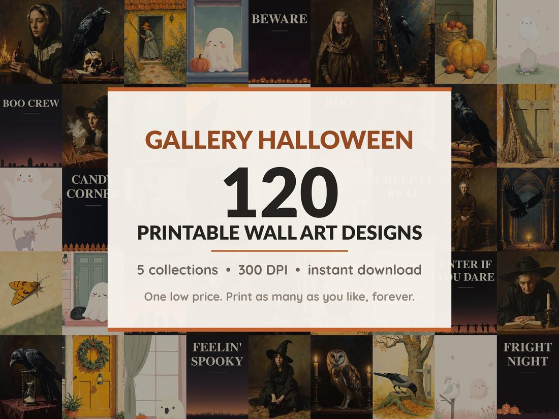 Halloween printable wall art mega bundle with 120 art prints in 5 collections: Antique Oil Portraits, Candlelit Library Scenes, Rustic Folk Harvest, Gentle Specter Companions, Midnight Poster Fields